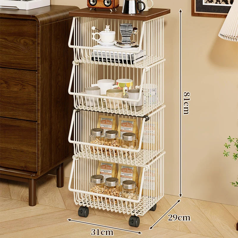 Kitchen Storage Cart Four-Tier Wooden Top Rolling Wheels