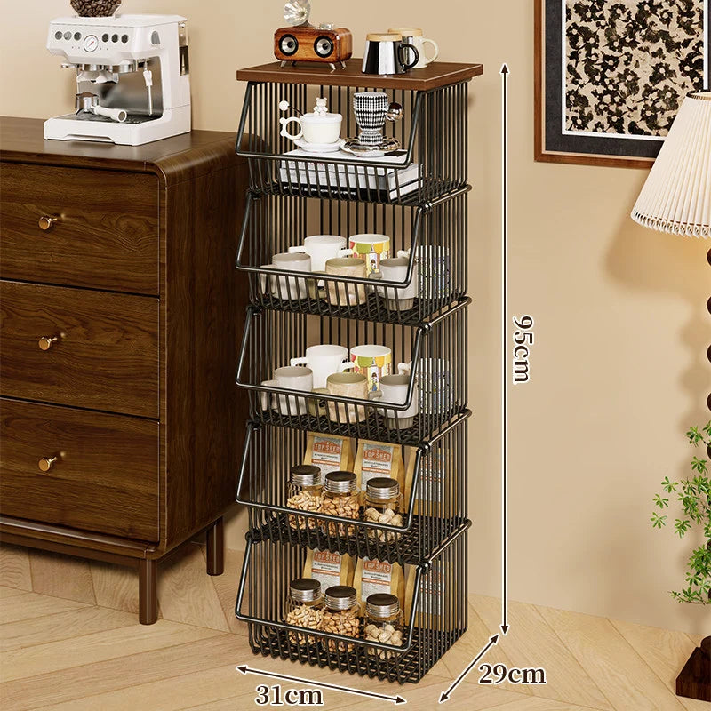 Kitchen Storage Cart Four-Tier Wooden Top Rolling Wheels
