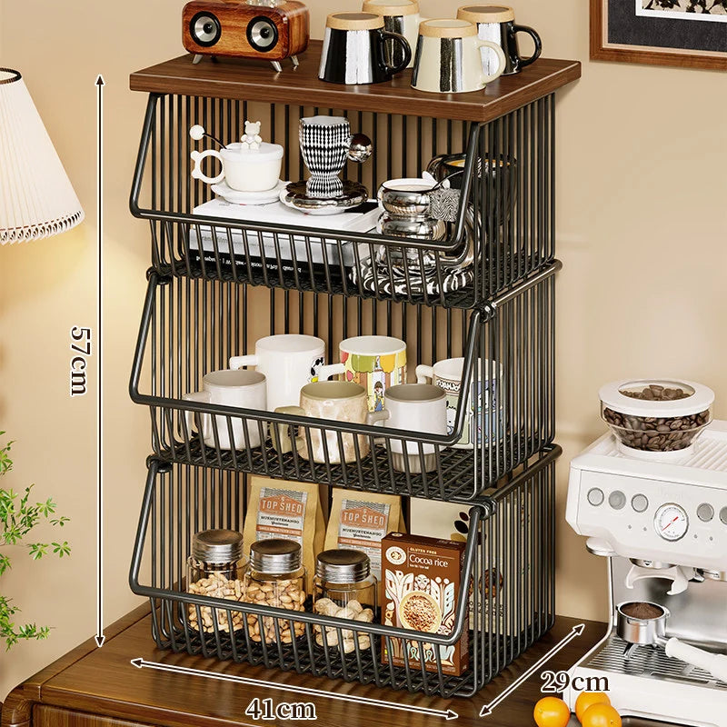 Kitchen Storage Cart Four-Tier Wooden Top Rolling Wheels