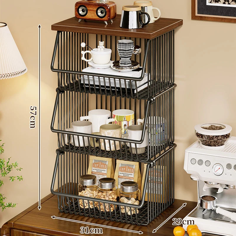 Kitchen Storage Cart Four-Tier Wooden Top Rolling Wheels