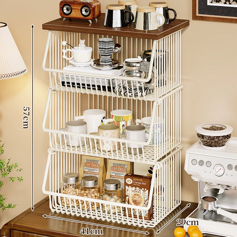 Kitchen Storage Cart Four-Tier Wooden Top Rolling Wheels