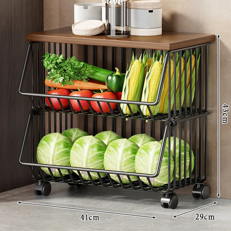 Kitchen Storage Cart Multi-Tier Wire Baskets Wood-Look Top