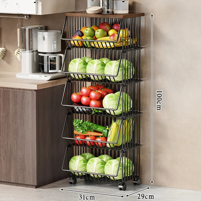 Kitchen Storage Cart Multi-Tier Wire Baskets Wood-Look Top
