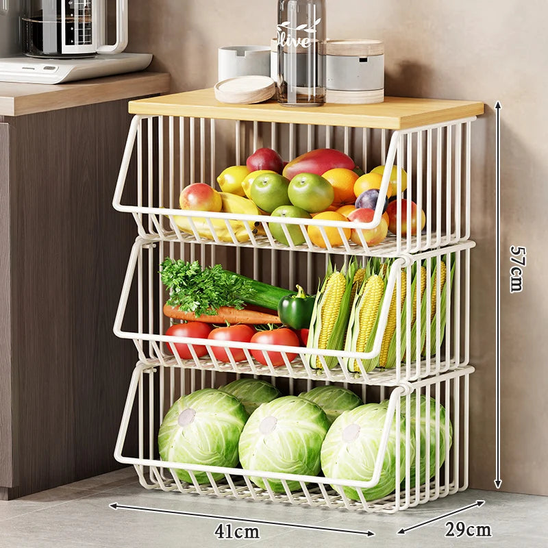 Kitchen Storage Cart Multi-Tier Wire Baskets Wood-Look Top
