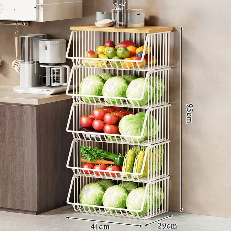 Kitchen Storage Cart Multi-Tier Wire Baskets Wood-Look Top