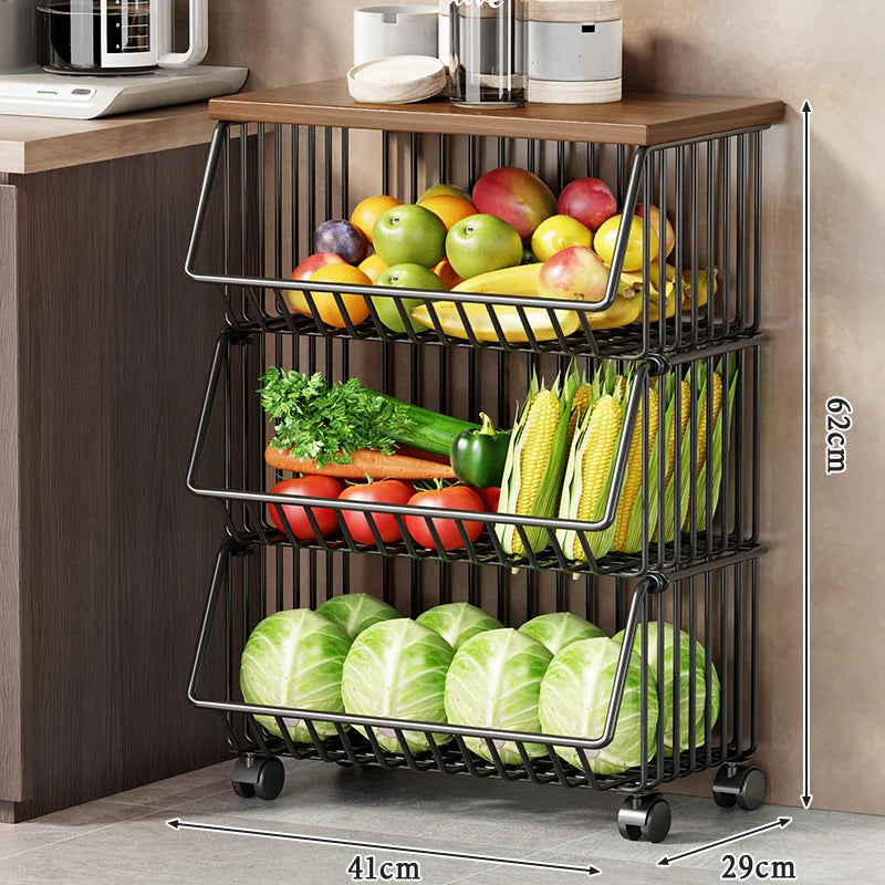 Kitchen Storage Cart Multi-Tier Wire Baskets Wood-Look Top