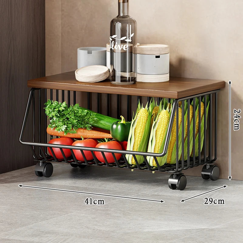 Kitchen Storage Cart Multi-Tier Wire Baskets Wood-Look Top