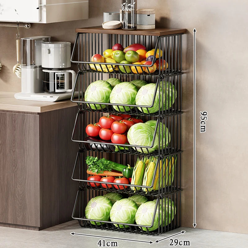 Kitchen Storage Cart Multi-Tier Wire Baskets Wood-Look Top