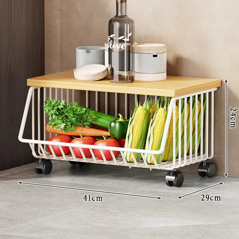 Kitchen Storage Cart Multi-Tier Wire Baskets Wood-Look Top