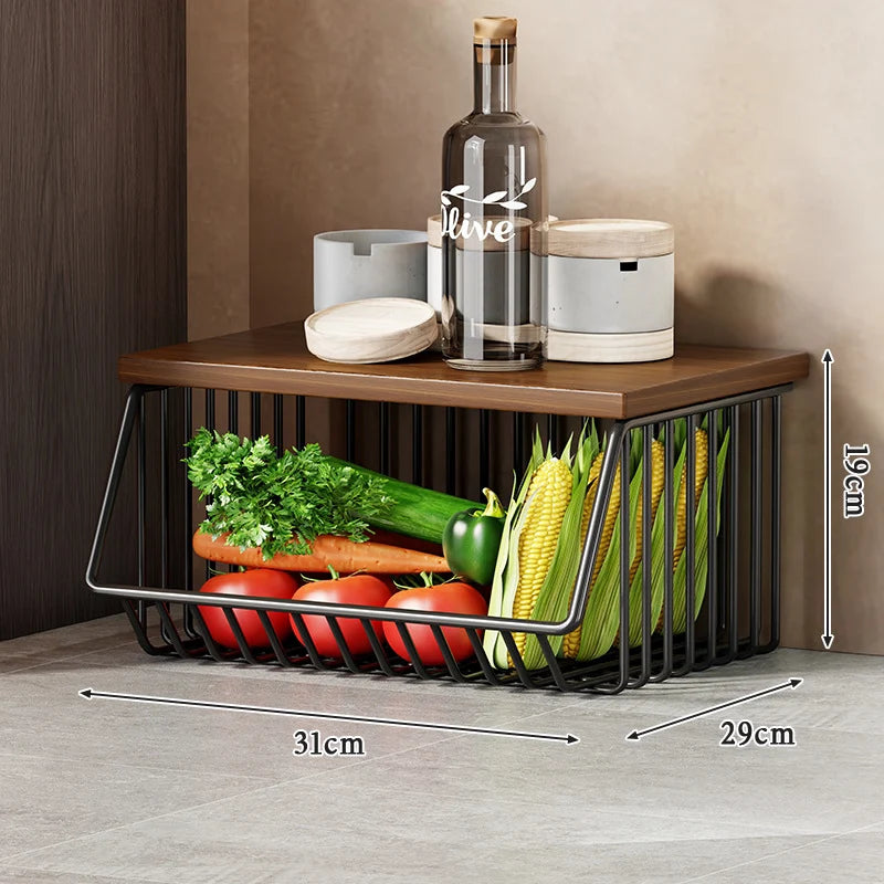 Kitchen Storage Cart Multi-Tier Wire Baskets Wood-Look Top