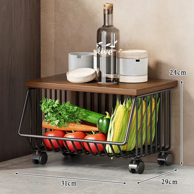 Kitchen Storage Cart Multi-Tier Wire Baskets Wood-Look Top