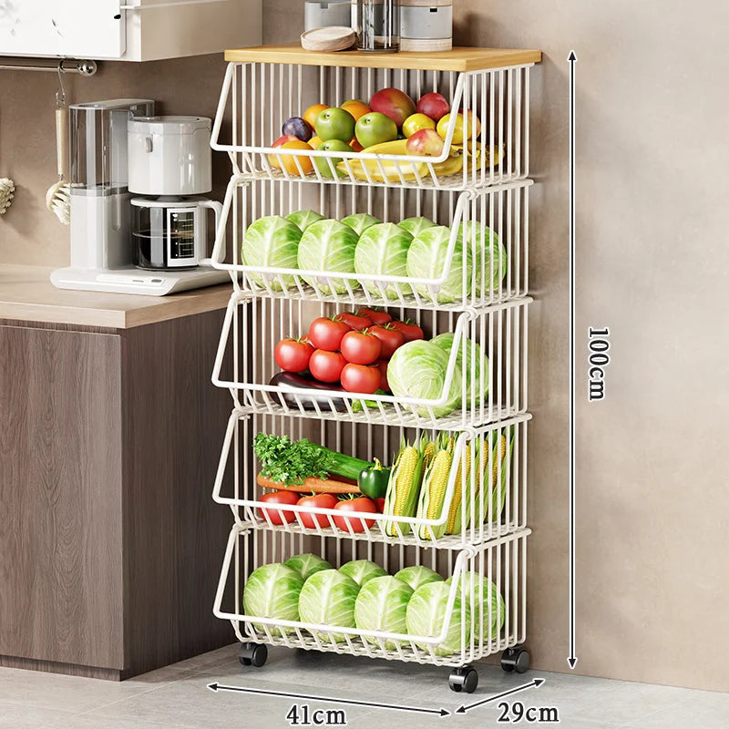 Kitchen Storage Cart Multi-Tier Wire Baskets Wood-Look Top