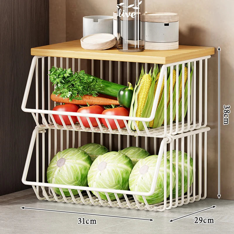 Kitchen Storage Cart Multi-Tier Wire Baskets Wood-Look Top
