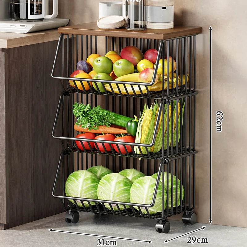 Kitchen Storage Cart Multi-Tier Wire Baskets Wood-Look Top