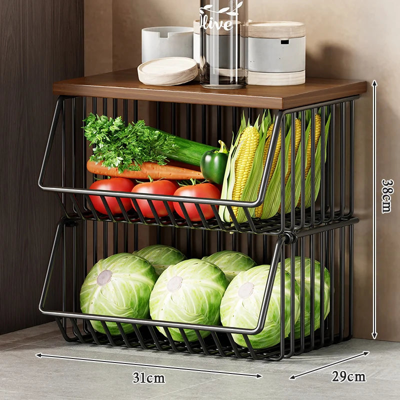 Kitchen Storage Cart Multi-Tier Wire Baskets Wood-Look Top