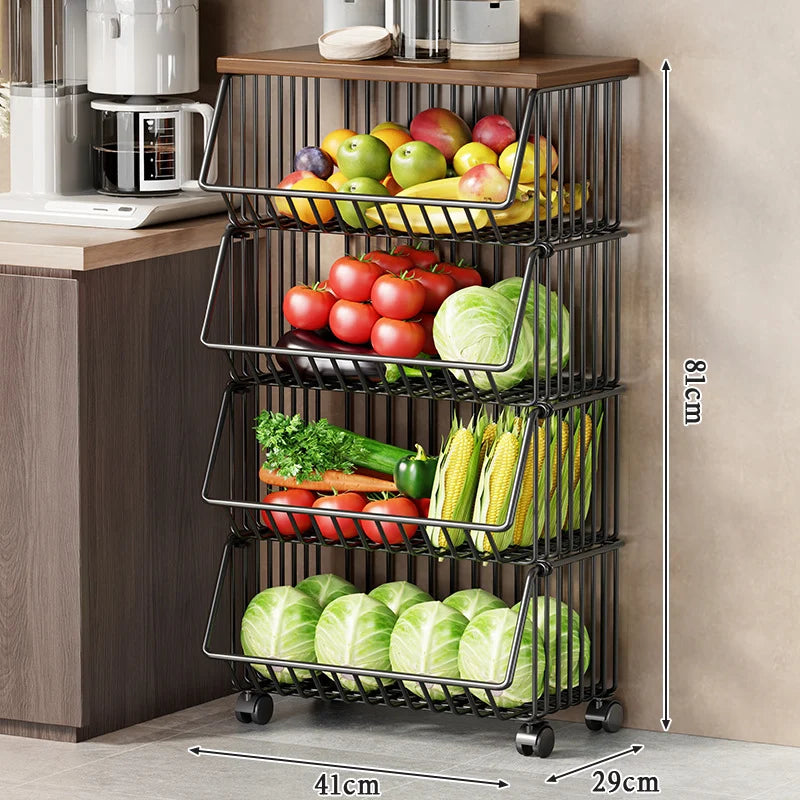 Kitchen Storage Cart Multi-Tier Wire Baskets Wood-Look Top
