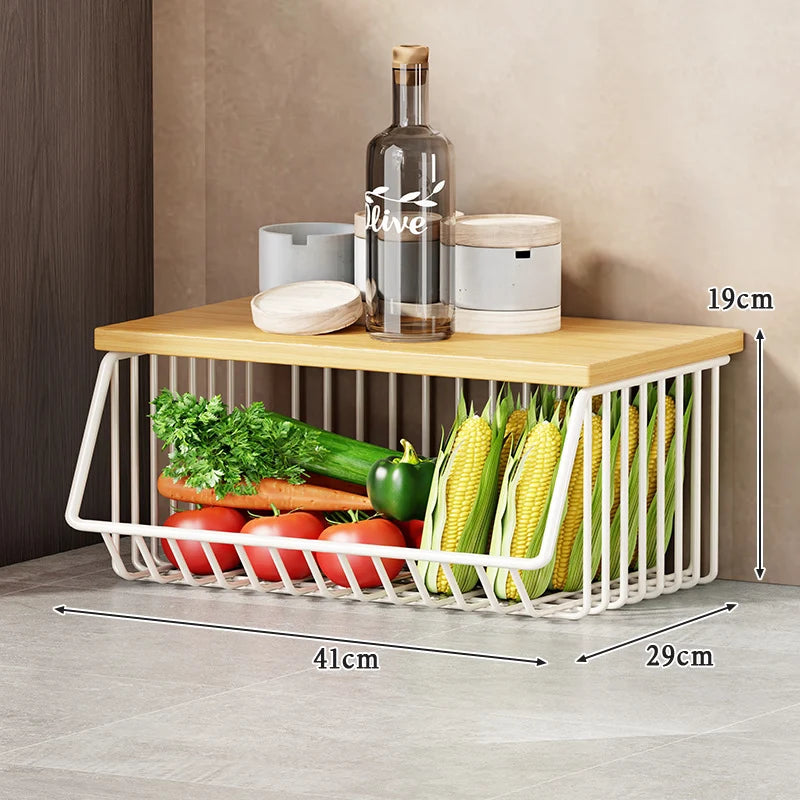 Kitchen Storage Cart Multi-Tier Wire Baskets Wood-Look Top