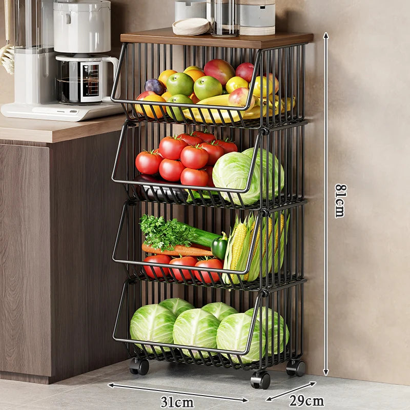 Kitchen Storage Cart Multi-Tier Wire Baskets Wood-Look Top