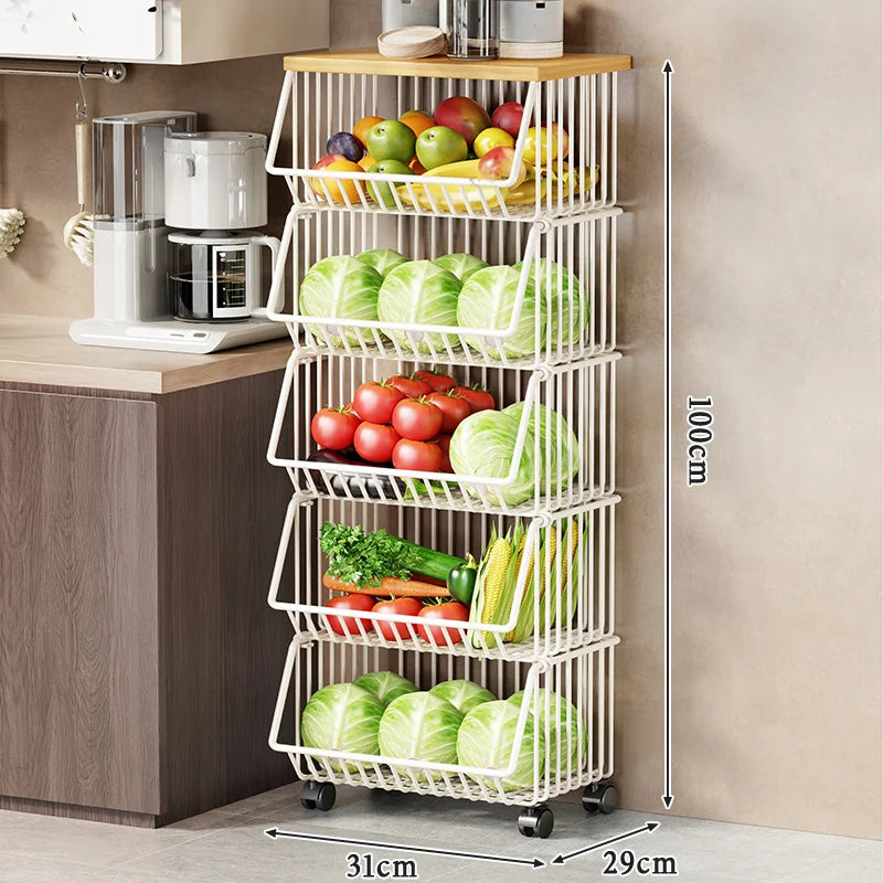 Kitchen Storage Cart Multi-Tier Wire Baskets Wood-Look Top