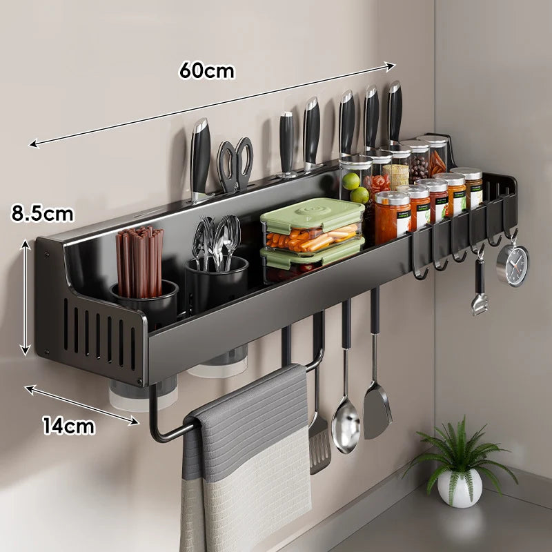 Kitchen Storage Rail Stainless Steel Wall-Mounted Knife Slots & Spice Shelf