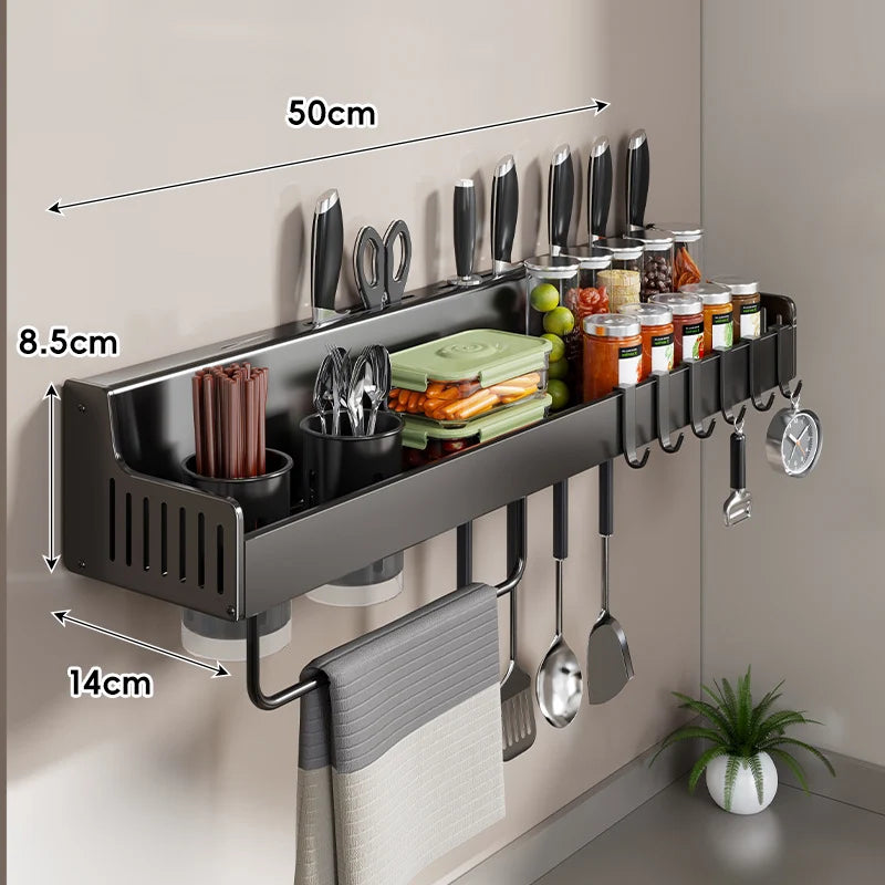 Kitchen Storage Rail Stainless Steel Wall-Mounted Knife Slots & Spice Shelf
