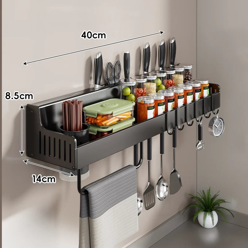 Kitchen Storage Rail Stainless Steel Wall-Mounted Knife Slots & Spice Shelf