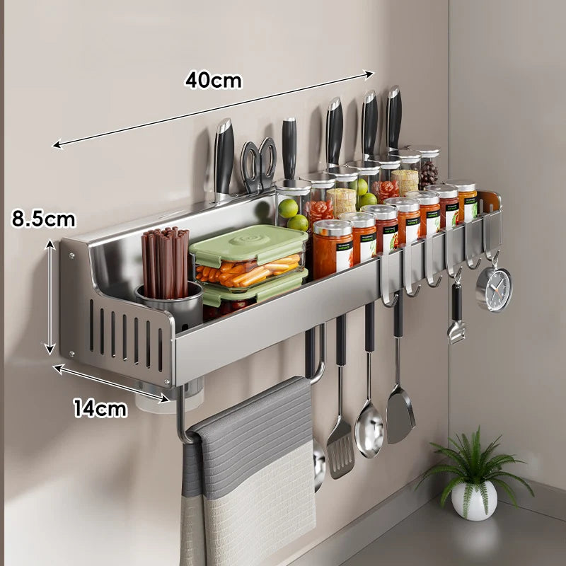Kitchen Storage Rail Stainless Steel Wall-Mounted Knife Slots & Spice Shelf