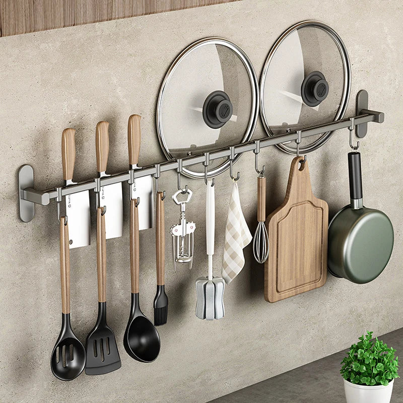 Kitchen Utensil Hook Rail Stainless Steel No-Drill Wall Mount