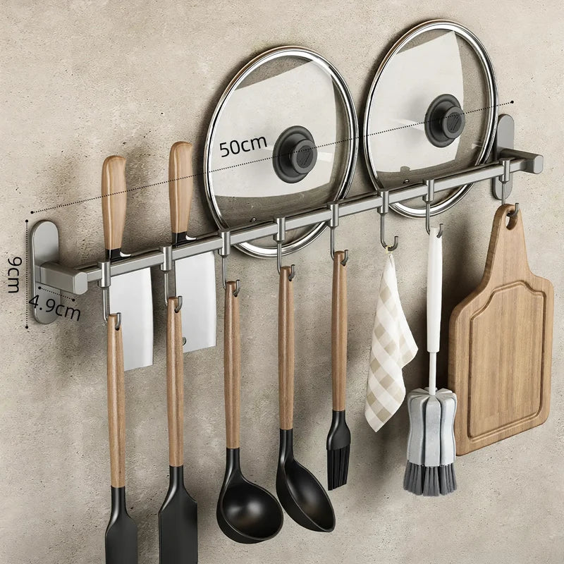 Kitchen Utensil Hook Rail Stainless Steel No-Drill Wall Mount