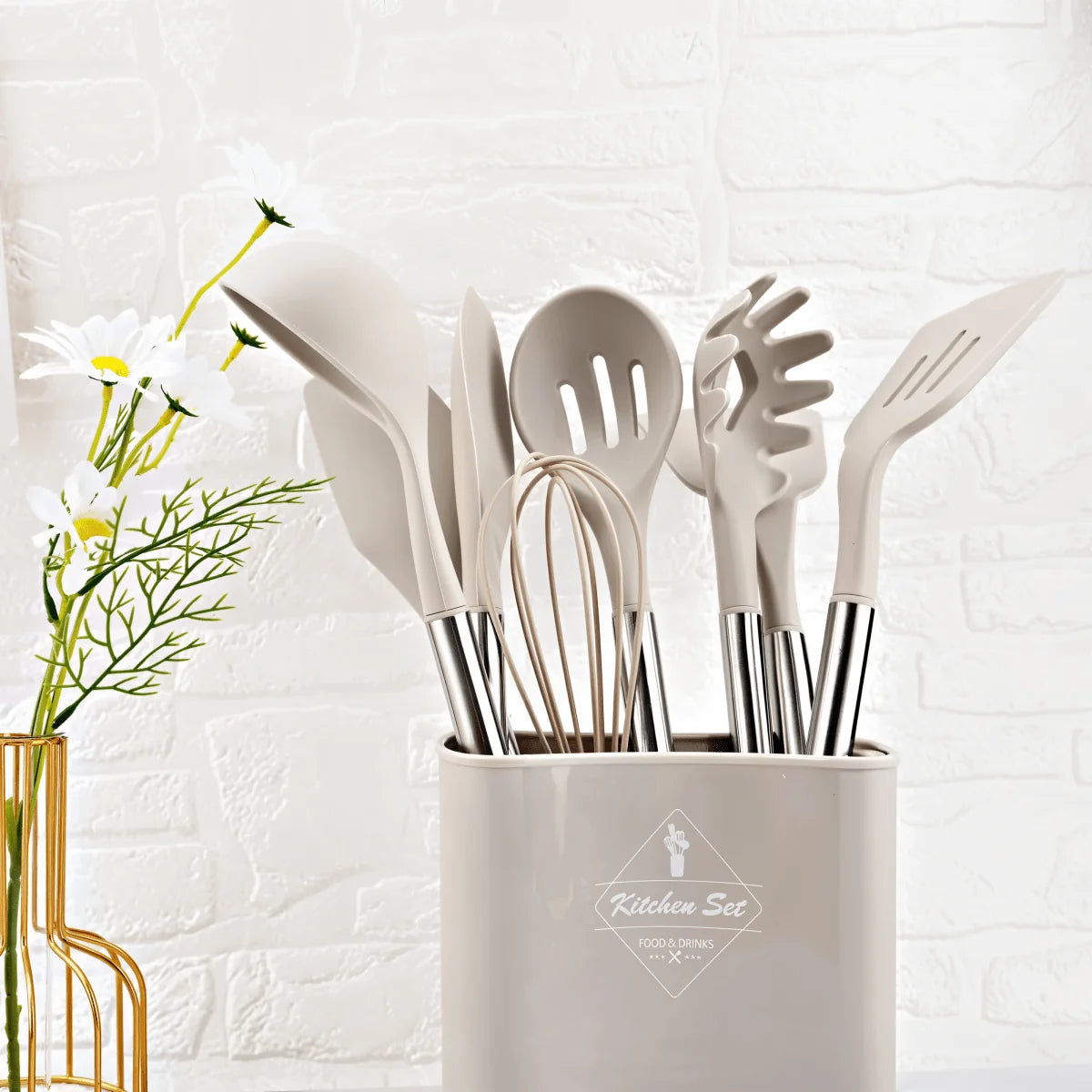 Kitchen Utensil Set Silicone Stainless Steel Handles 12-Piece