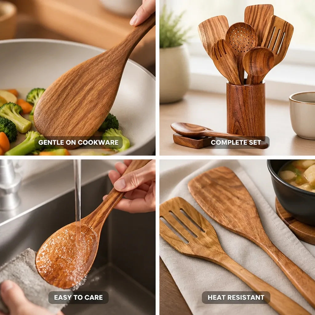 Kitchen Utensil Set Teak Heat-Resistant 9-Piece