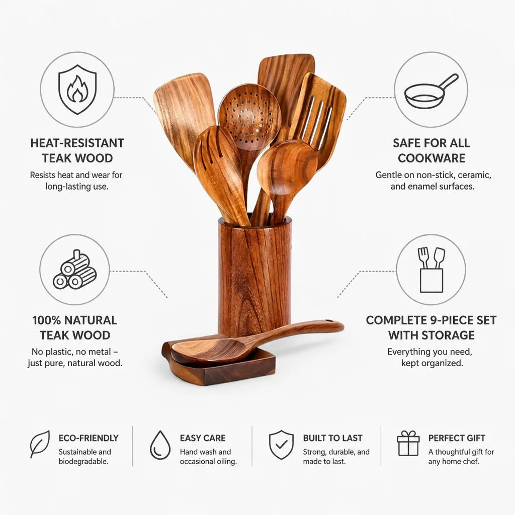 Kitchen Utensil Set Teak Heat-Resistant 9-Piece