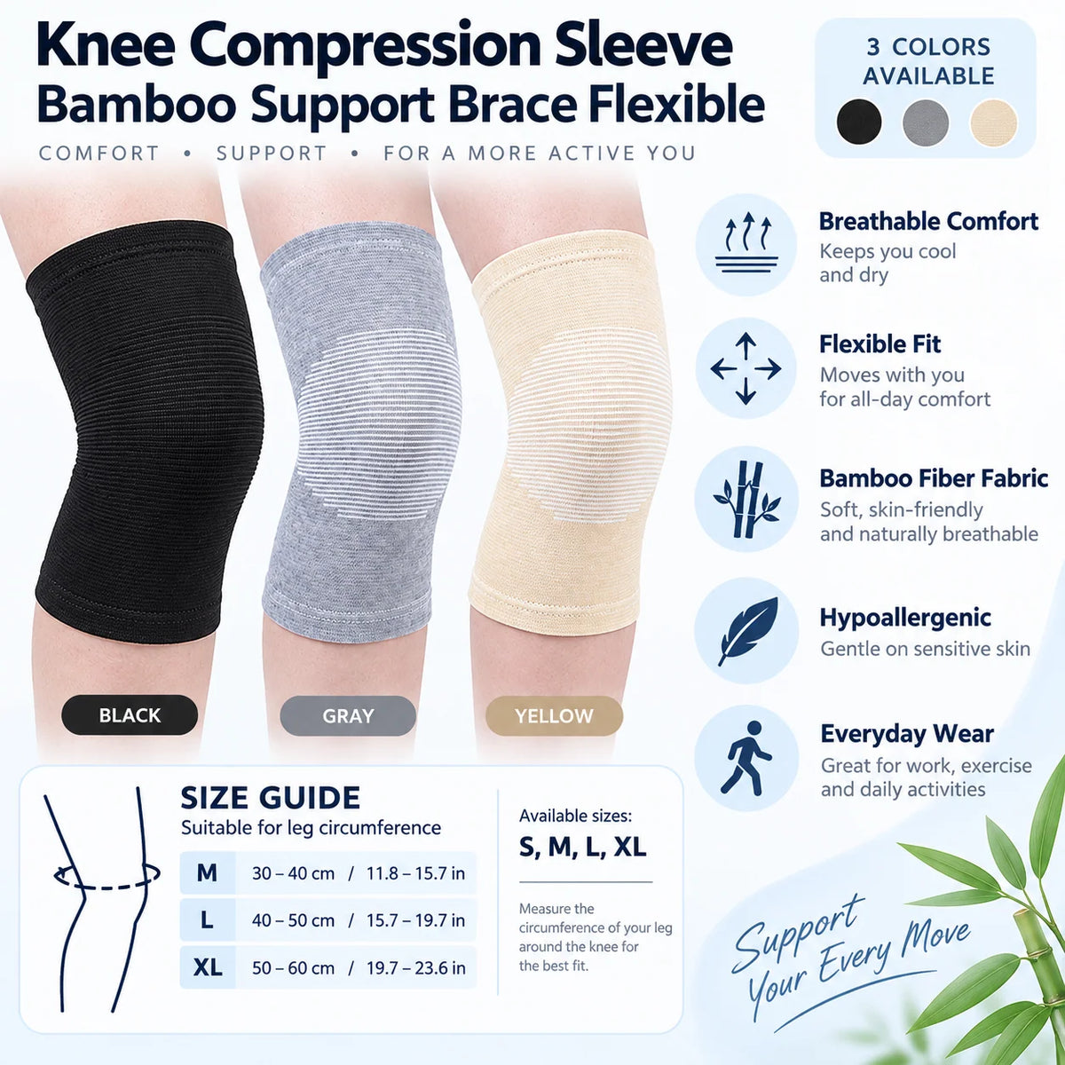 Knee Compression Sleeve Breathable Bamboo Fabric Flexible Support