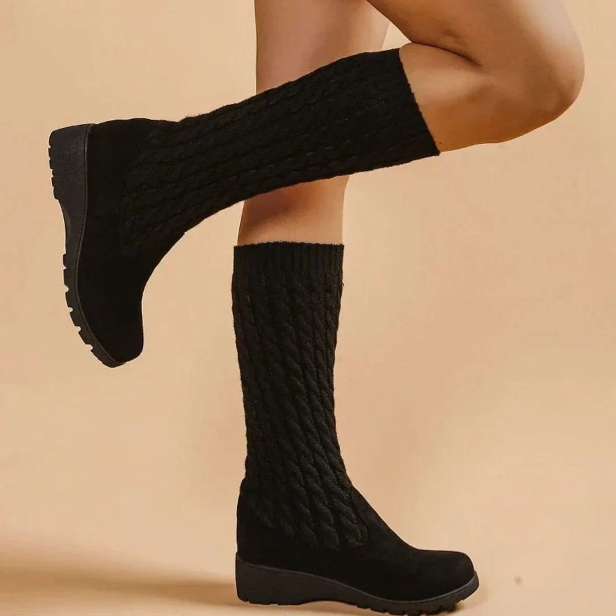 Knee-High Boots Cable-Knit Shaft Orthopedic Cushioning Low Wedge