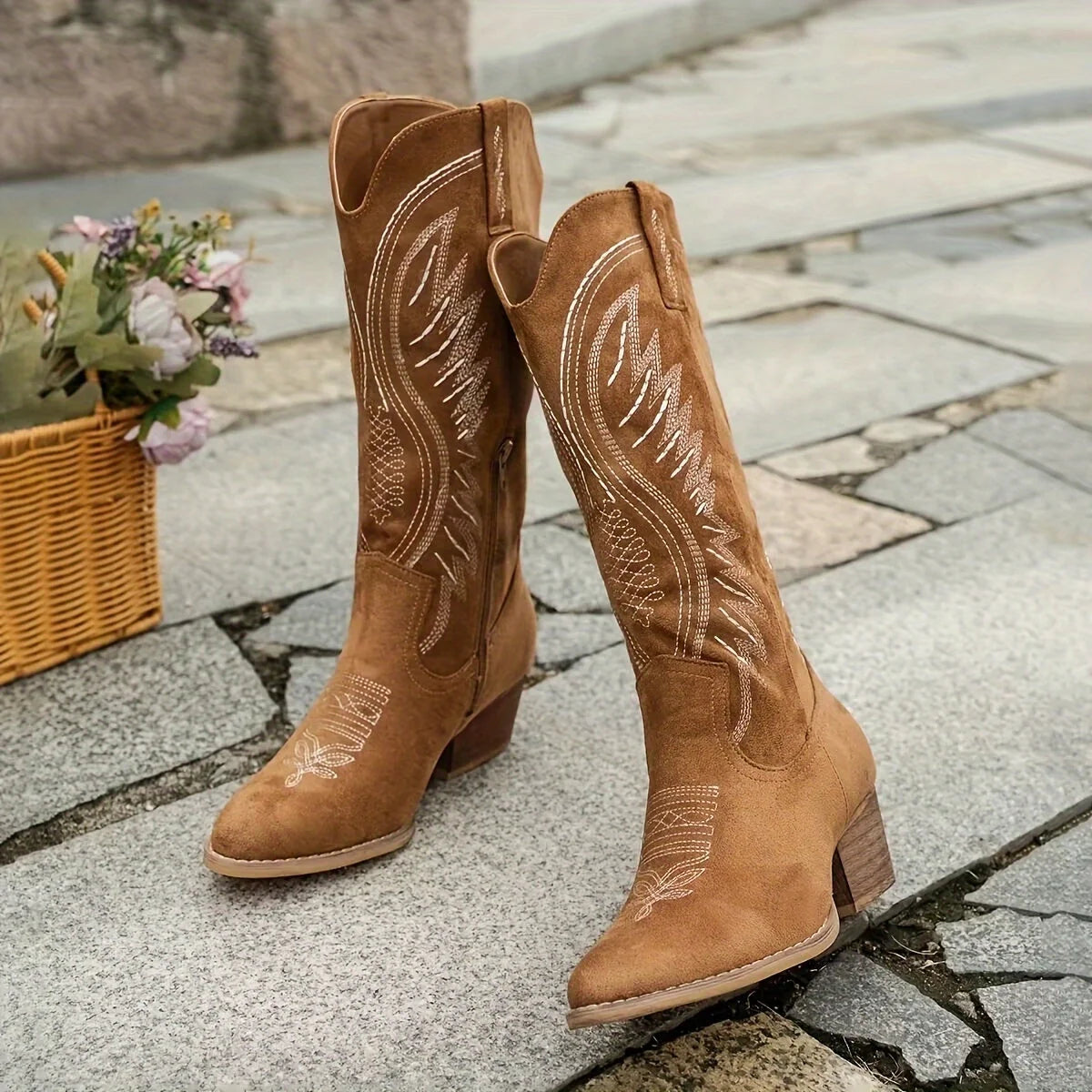 Knee High Boots Embroidered Western Pointed Toe