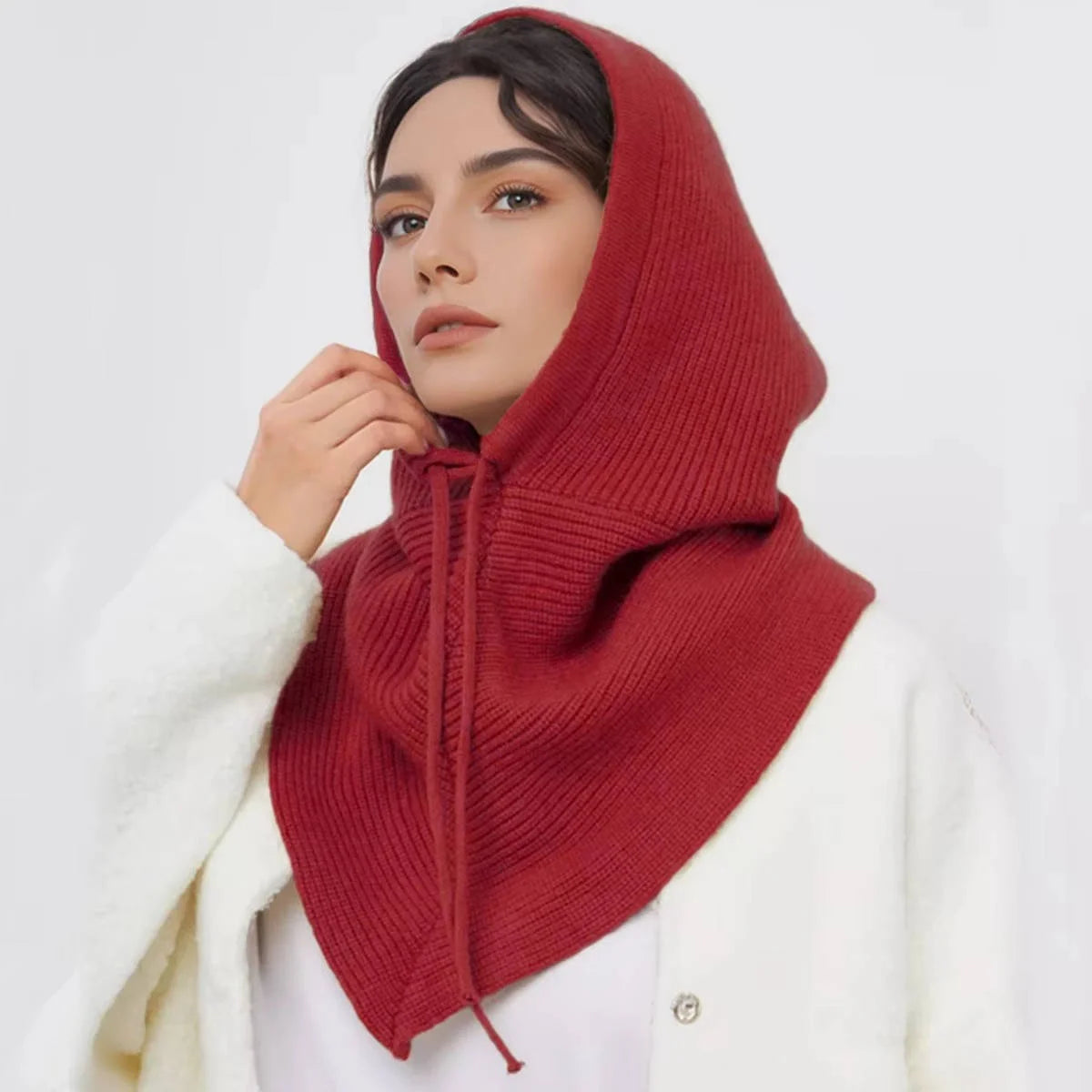 Knit Hooded Scarf Adjustable Drawstring Breathable Wind-Blocking