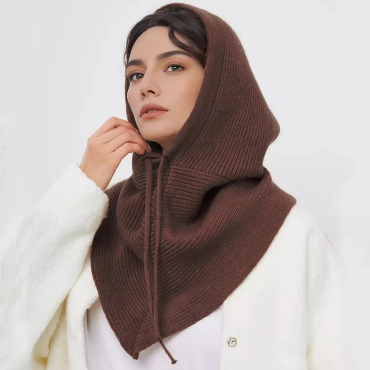 Knit Hooded Scarf Adjustable Drawstring Breathable Wind-Blocking