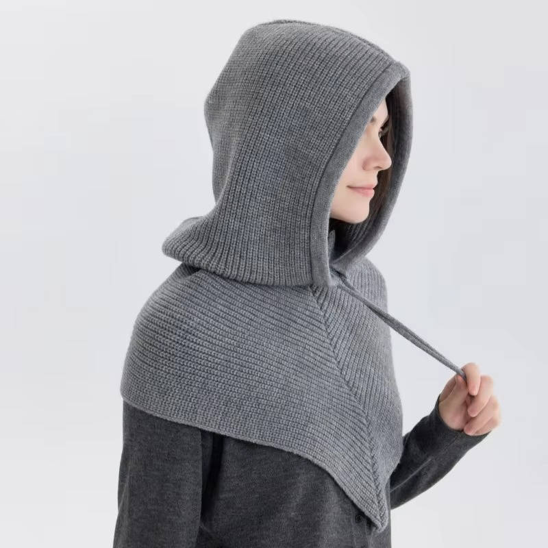 Knit Hooded Scarf Adjustable Drawstring Breathable Wind-Blocking