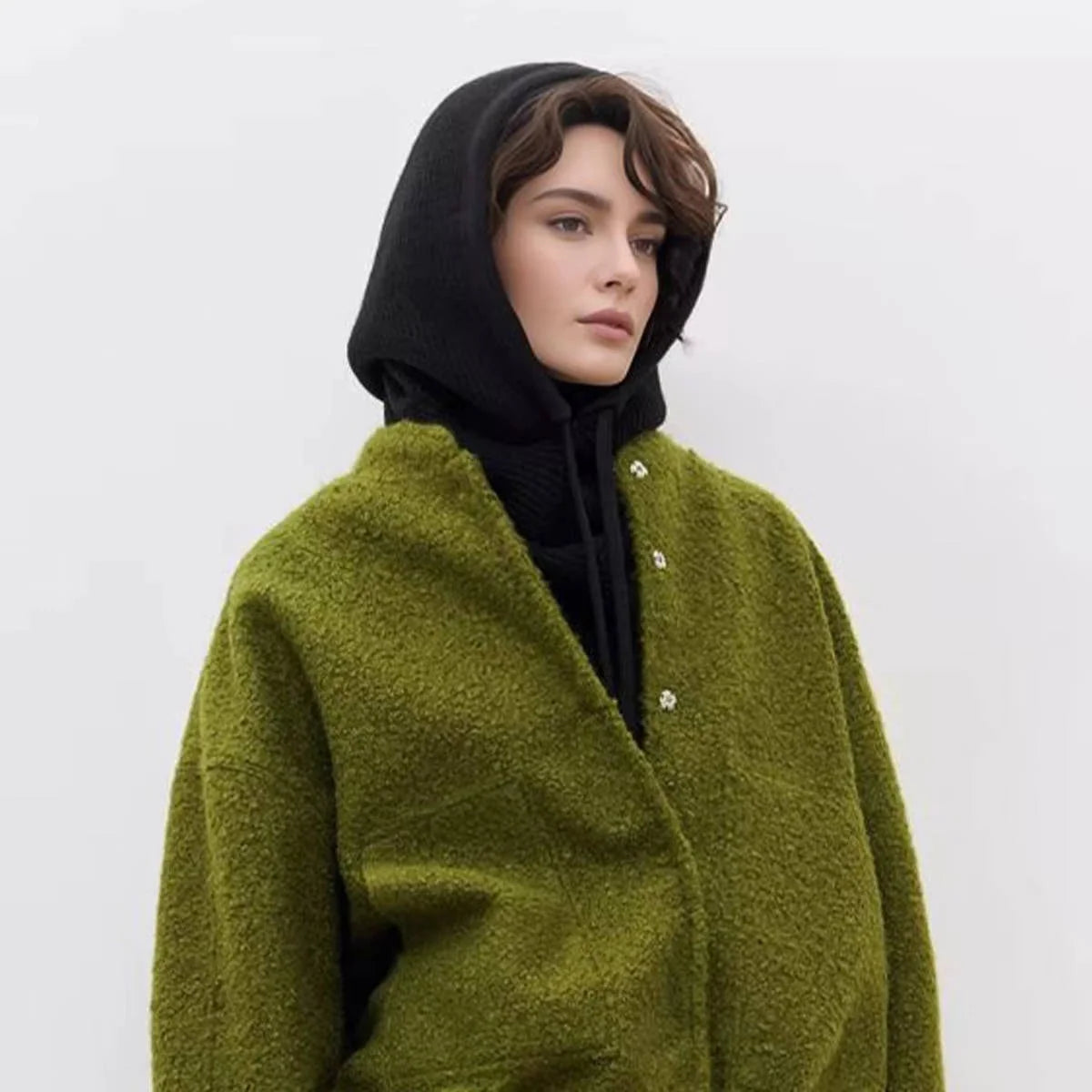 Knit Hooded Scarf Adjustable Drawstring Breathable Wind-Blocking