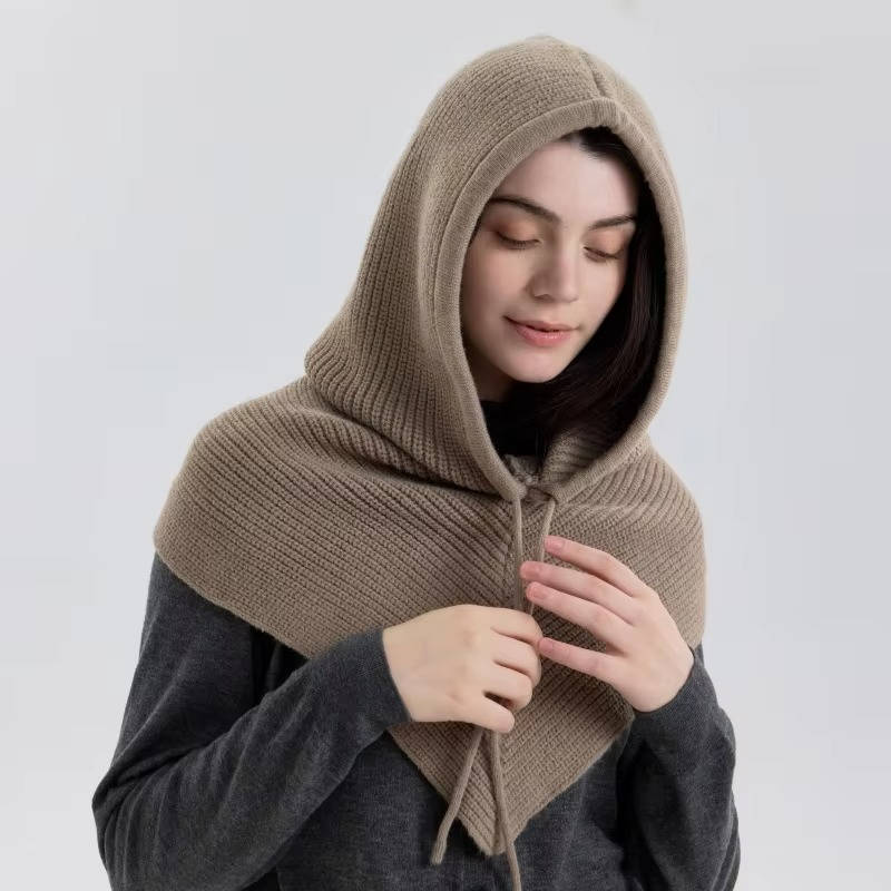 Knit Hooded Scarf Adjustable Drawstring Breathable Wind-Blocking