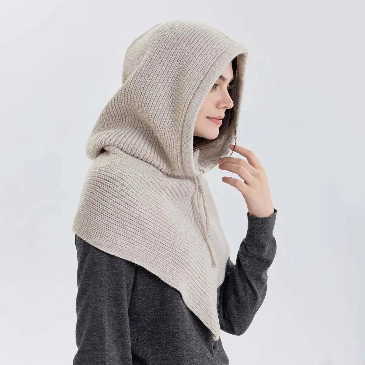 Knit Hooded Scarf Adjustable Drawstring Breathable Wind-Blocking