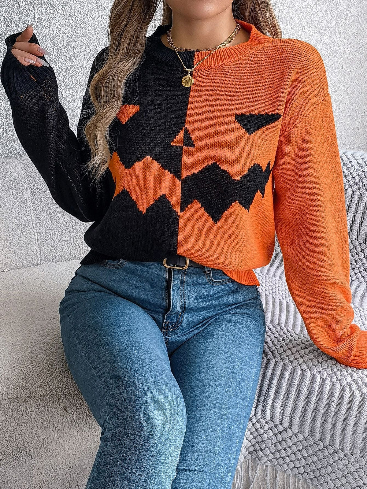 Knit Sweater Jack-O'-Lantern Pattern Ribbed Cuffs and Hem