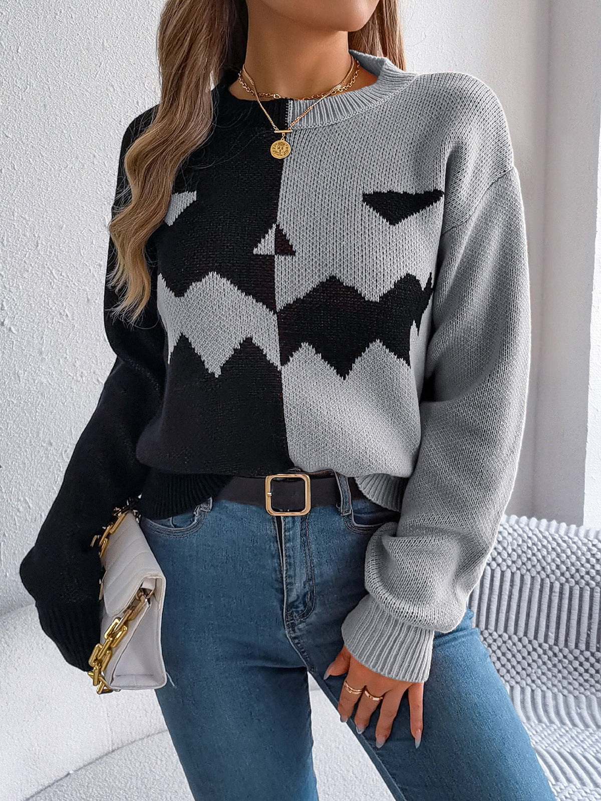 Knit Sweater Jack-O'-Lantern Pattern Ribbed Cuffs and Hem