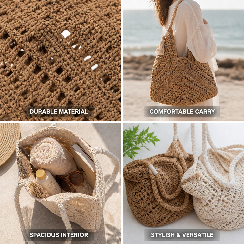 Knotted Woven Natural Fiber Beach Bag (Braided Handle)
