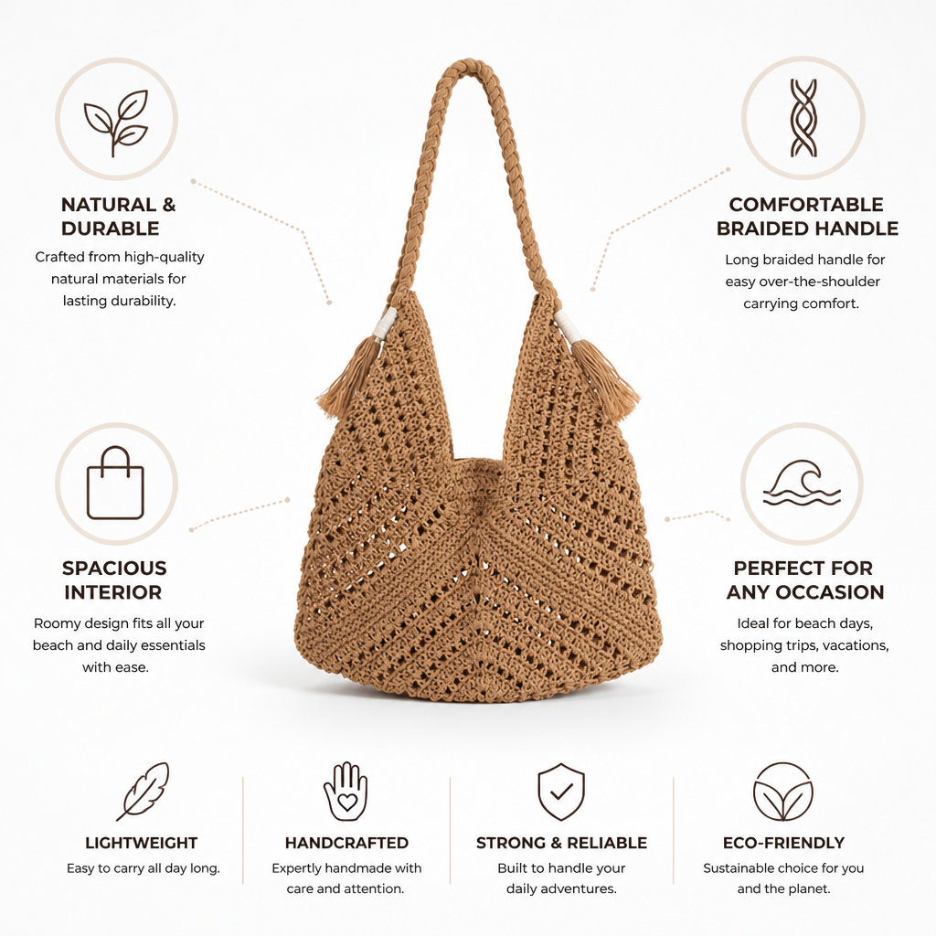 Knotted Woven Natural Fiber Beach Bag (Braided Handle)