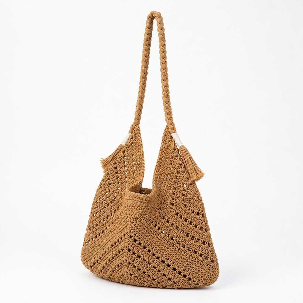 Knotted Woven Natural Fiber Beach Bag (Braided Handle)