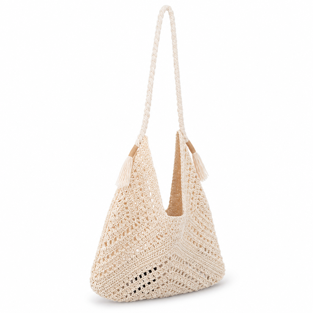 Knotted Woven Natural Fiber Beach Bag (Braided Handle)