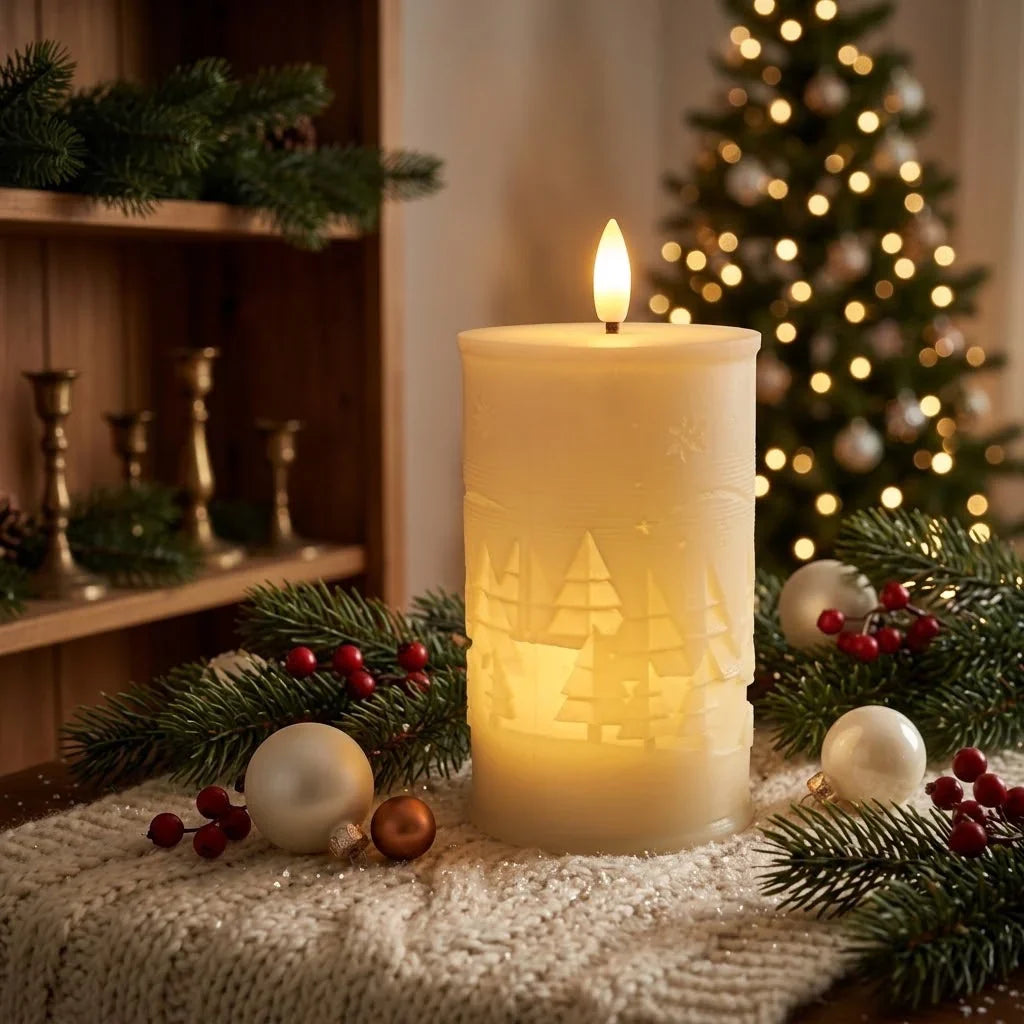 LED Candle Fir Tree & Snowflake Relief Battery-Operated Timer
