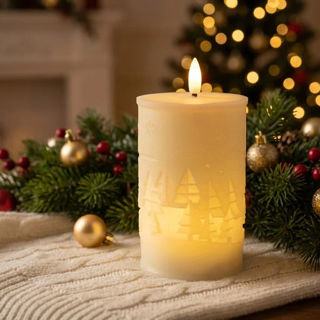 LED Candle Fir Tree & Snowflake Relief Battery-Operated Timer