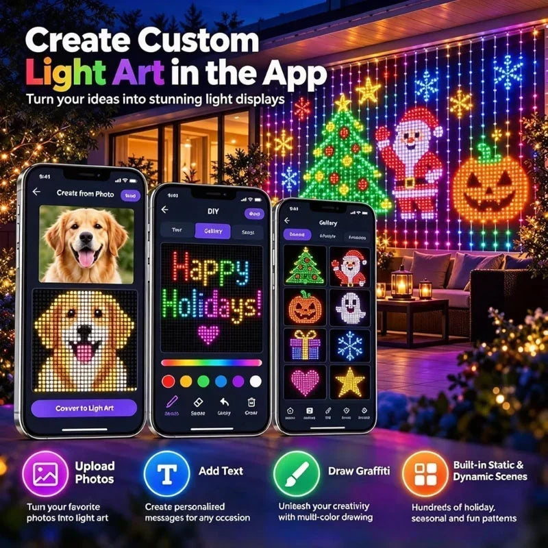 LED Curtain Lights App-Controlled Pixel Designs 400 LEDs